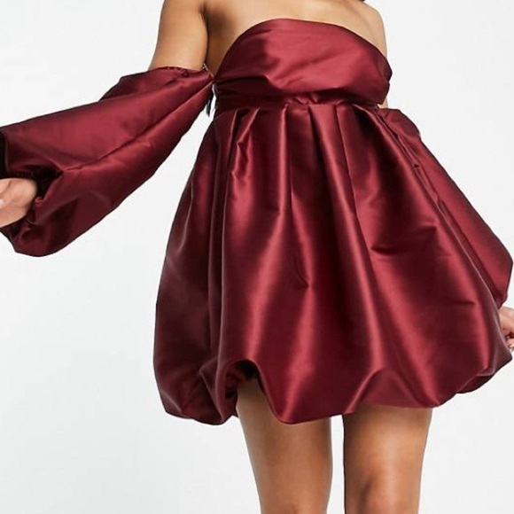 ASOS LUXE Bubble Babydoll Off-shoulder Satin Mini Dress Deep Red/Burgundy Size 2 - Picture 7 of 14